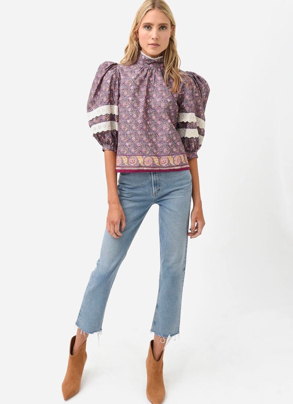 Hunter Bell Molly Blouse Puff Sleeve Printed Poplin Cotton Size Large